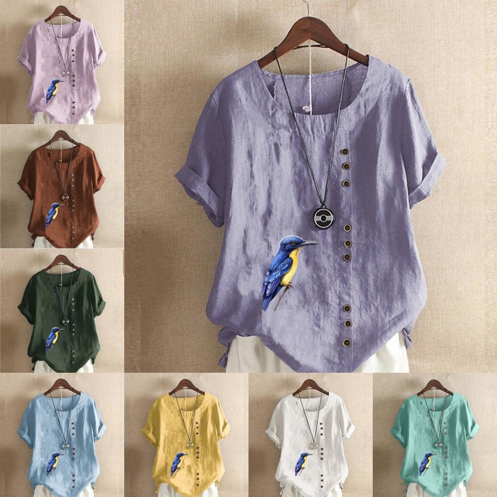 Women's Fashion Bird Prined Round Neck Short Sleeve T-shirt Casual Cotton Linen Graphic Shirt Leisure Loose Summer Blouse Tops