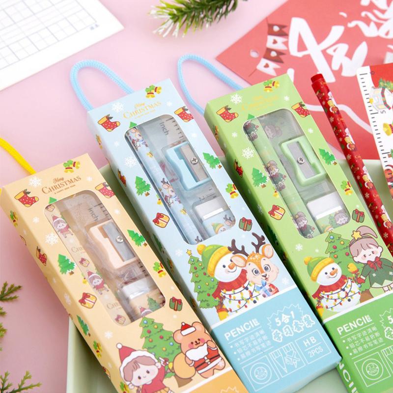 5 шт. кавайный детский канцелярский набор подарочная коробка призовой подарок для детского сада рождественский подарок карандаш линейка ластик точилка канцелярский набор
