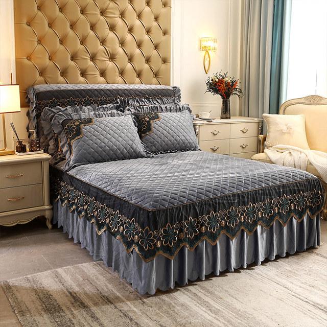 Европейское роскошное кружевное веерное покрывало для кровати, бархатное 200x220, стеганое покрывало королевского размера, юбка королевы, оборки, чехлы на изголовье