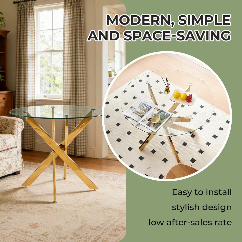 Dining Table with Cross Metal Leg and Tempered Glass, Modern Space-Saving Kitchen Table for Living Room, Round Table, Golden Legs, 80x80x75cm