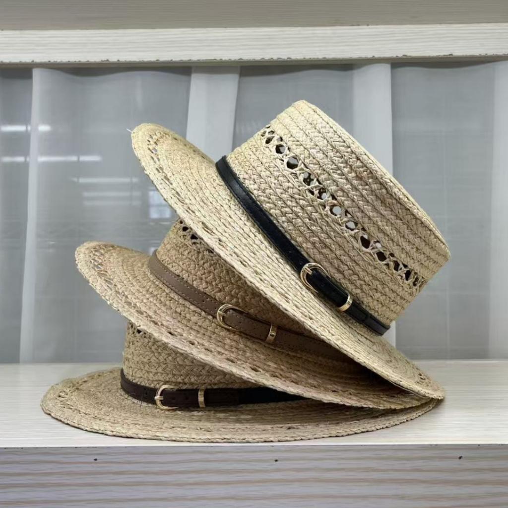 2026 new daily single raffia hand-woven flat-top straw hat children's summer beach breathable sun protection top hat