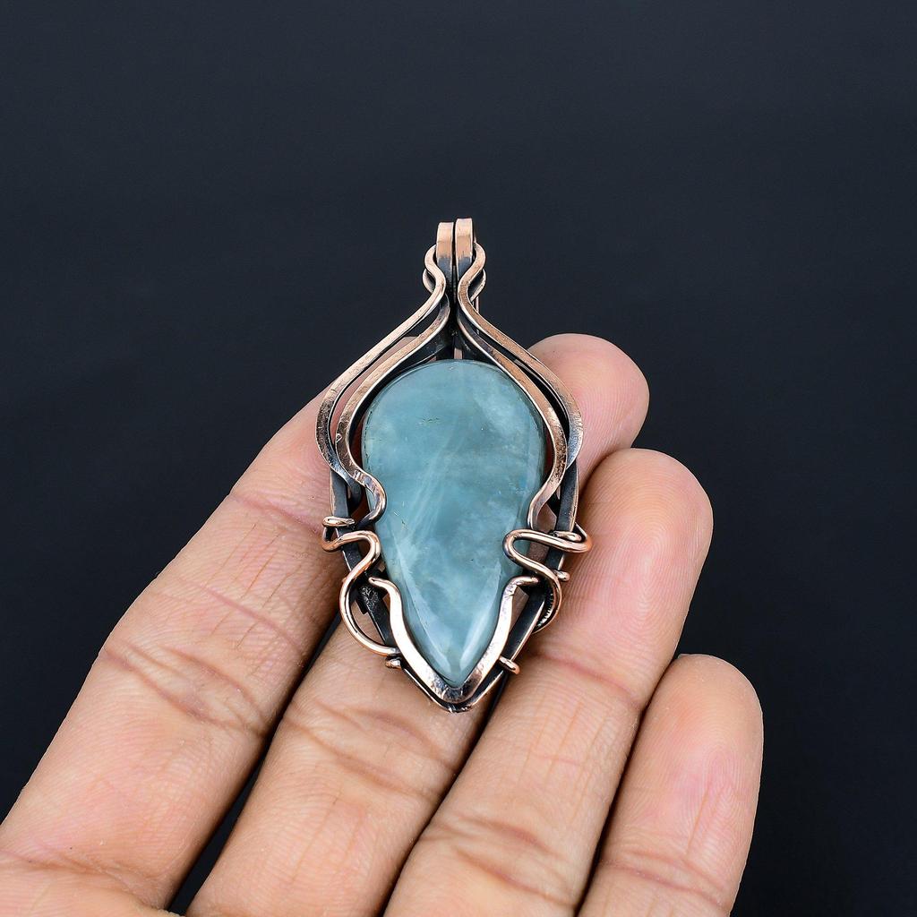 Aquamarine 999 Copper Wire Wrapped Pendant, Handmade Gemstone Jewelry Pendant For Memorial Day