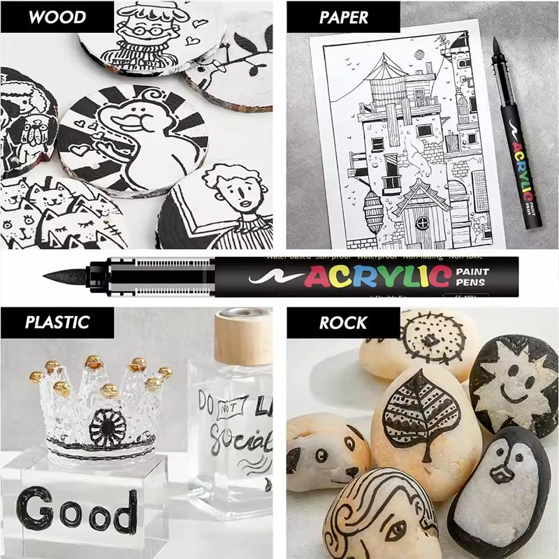Black And White Acrylic Paint Marker, 8Pcs Large Ink Capacity Marker, Ideal For Illustration Sketching/Wood/Rock Painting/Glass