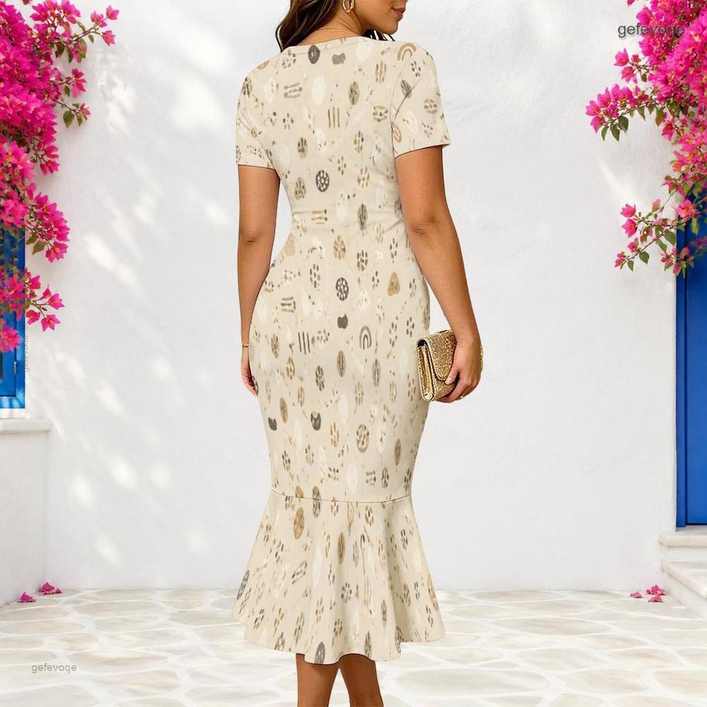 Women Plus Size V Neck Short Sleeve Geometric Printed Fitted Fishtail Dress