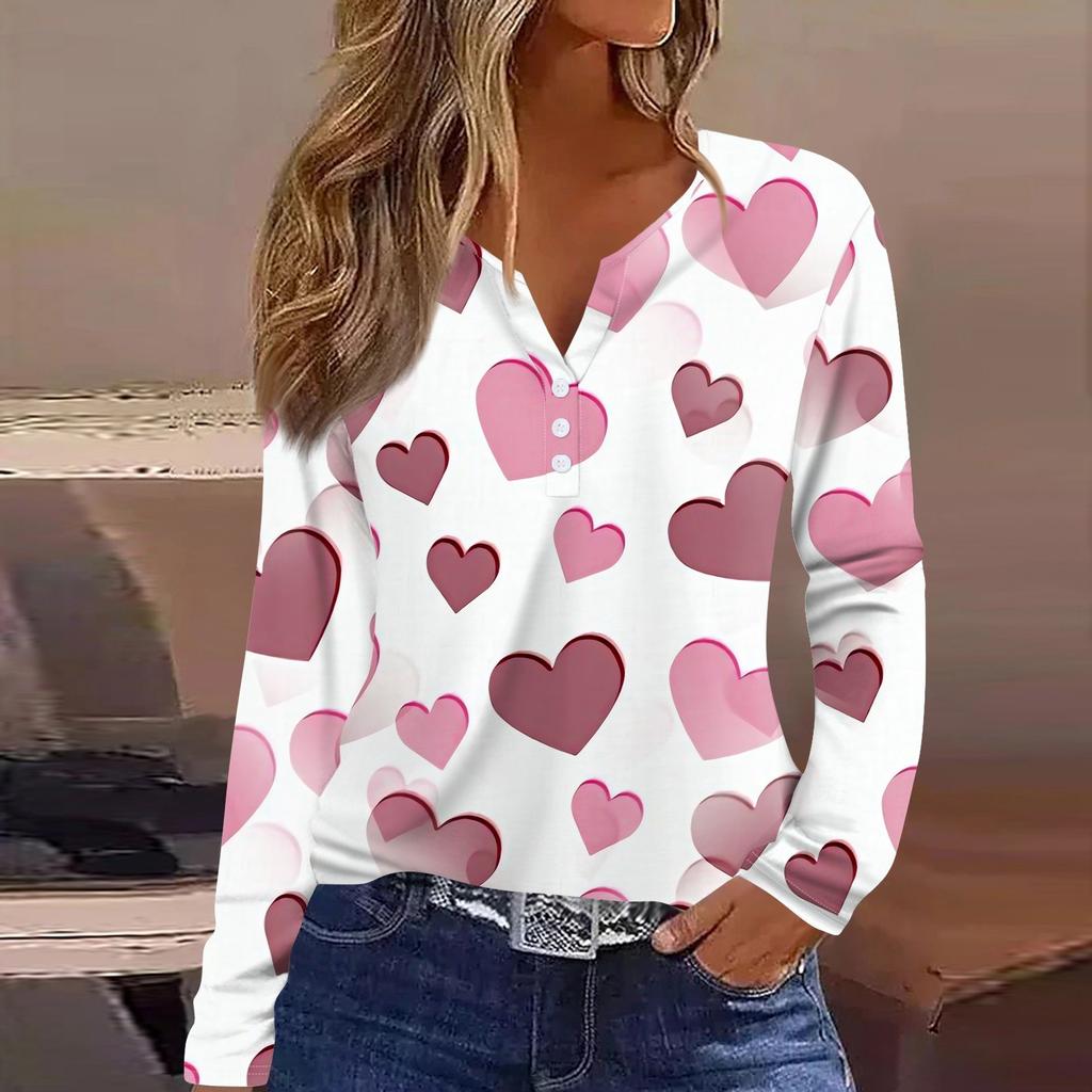Женская футболка с принтом ко Дню святого Валентина, туника с длинным рукавом и пуговицами, повседневная мода на выходные, базовый топ с V-образным вырезом