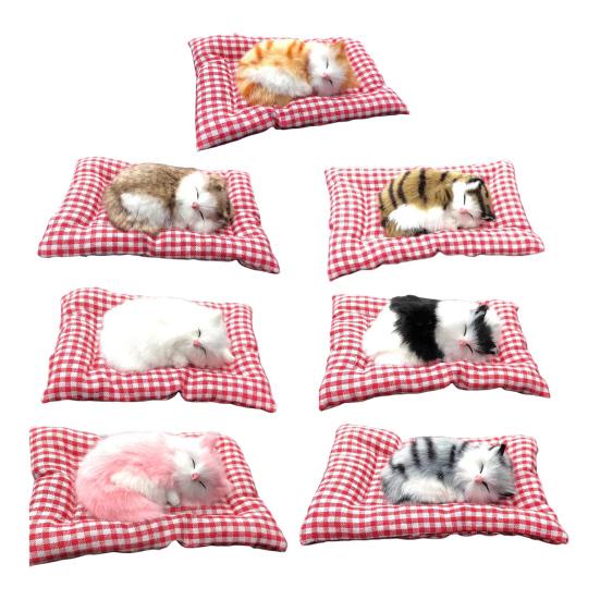 Simulation Sleeping Cat Decoration with Plaid Mat Odor Removal Bamboo Charcoal Plush Kitten Stuffed Animal Doll Home Office Desktop Car Interior