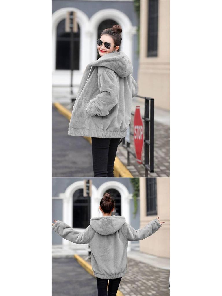Женская фланелевая куртка средней длины с капюшоном - Корейский стиль, Свободный крой, Плюшевая, Теплая, С длинным рукавом