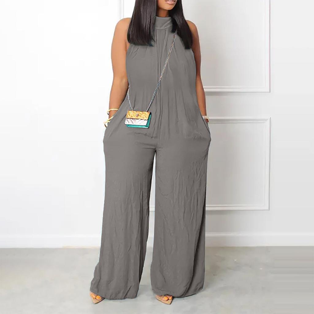 Women's Plus Size Jumpsuit Summer Beach Sleeveless Solid Color Casual Fashion Wide Leg Jumpsuit