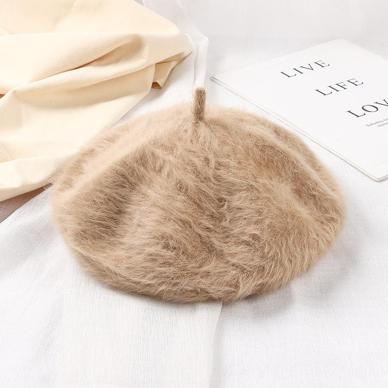 Берет из меха кролика, осенне-зимние шапки, универсальные женские модные шапки для художников, вязаные теплые шапки-бутончики, плюшевые шапки