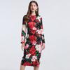 Spring Summer Women Designer Vintage Print Rose Office Work Slim Bodycon Pencil Dresses
