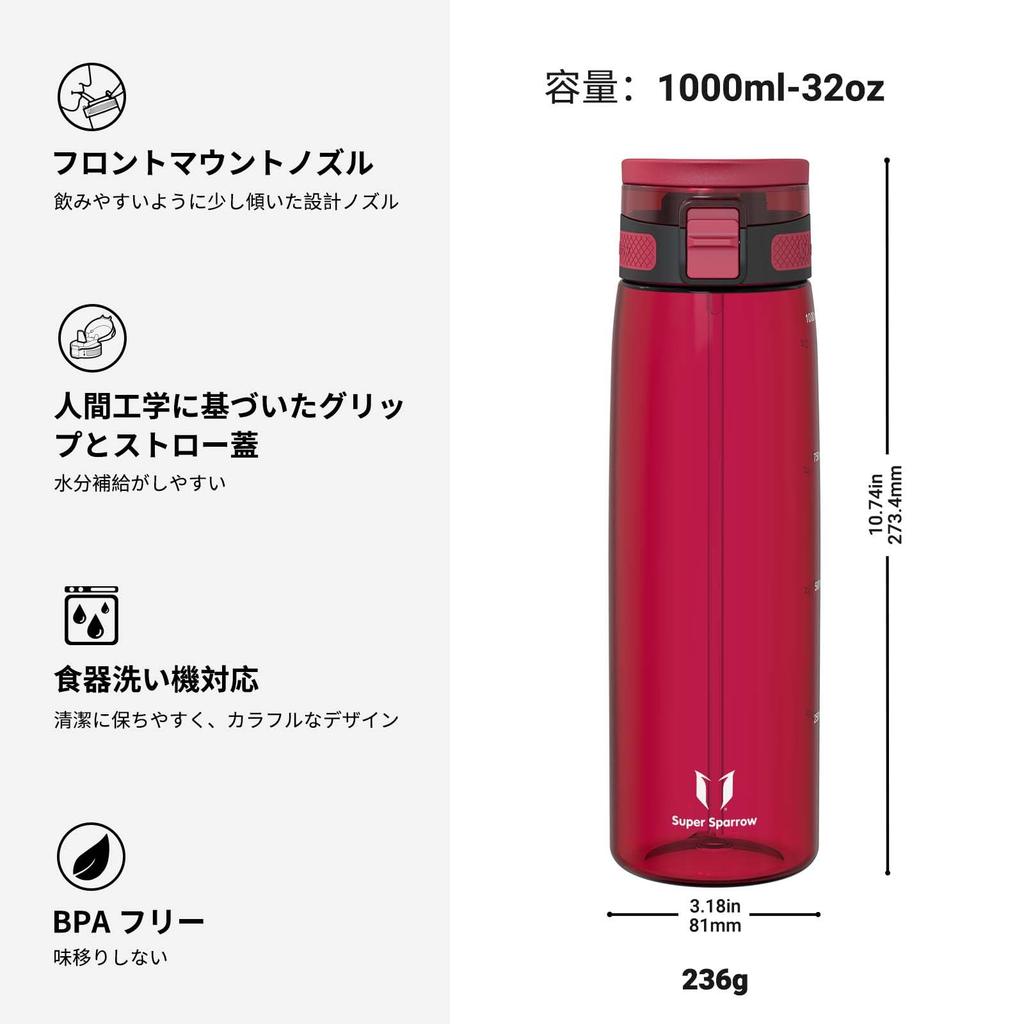 Super Sparrow Water Bottle - 1L - Made with American-made Tritan BPA-Free Straw - Suitable for Sports, School, Baseball, Outdoor Activities, Camping,