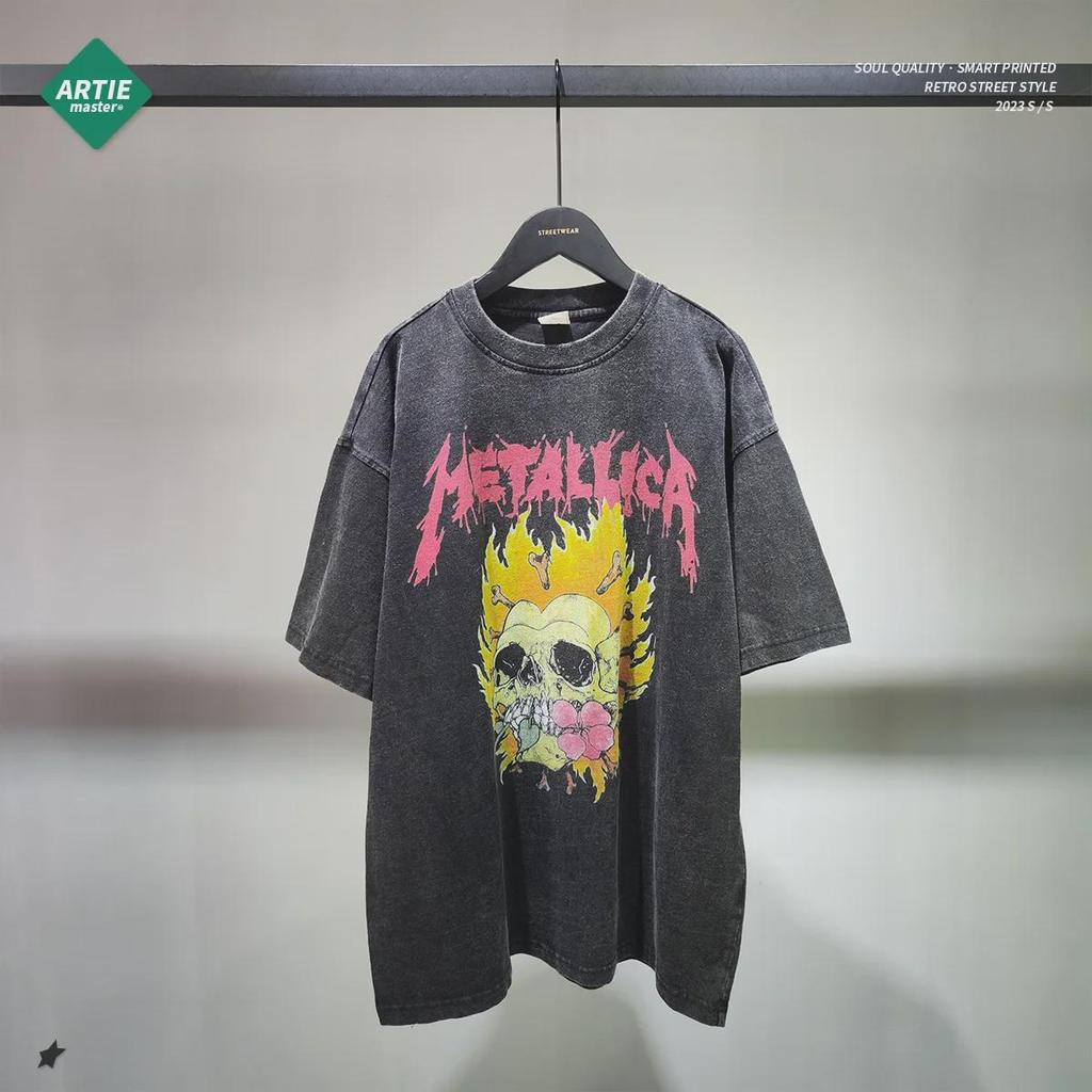 ARTIE Men's Washed Retro Skull Flame T-Shirt - Dark Loose Fit, Trendy Short Sleeve