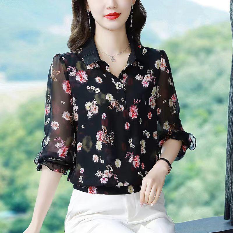 Women's Spring and Autumn Thin Section Plus Size Lapel Printed Chiffon Shirt Loose Thin Nine Minute Sleeve Floral Pullover Shirt
