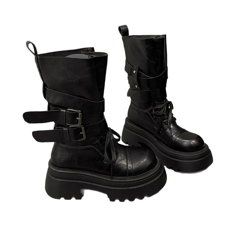 Черные ботинки Мартин женские 2025 новые осенние одинарные ботинки ретро британский стиль толстая подошва увеличивающие рост западные ковбойские короткие ботинки