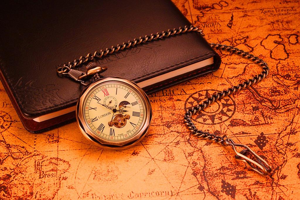 Механические карманные часы TREEWETO из бронзы с римскими цифрами, открытым циферблатом, 24-часовым дисплеем, индикацией дня и месяца, подарочной коробкой с цепочкой в комплекте +