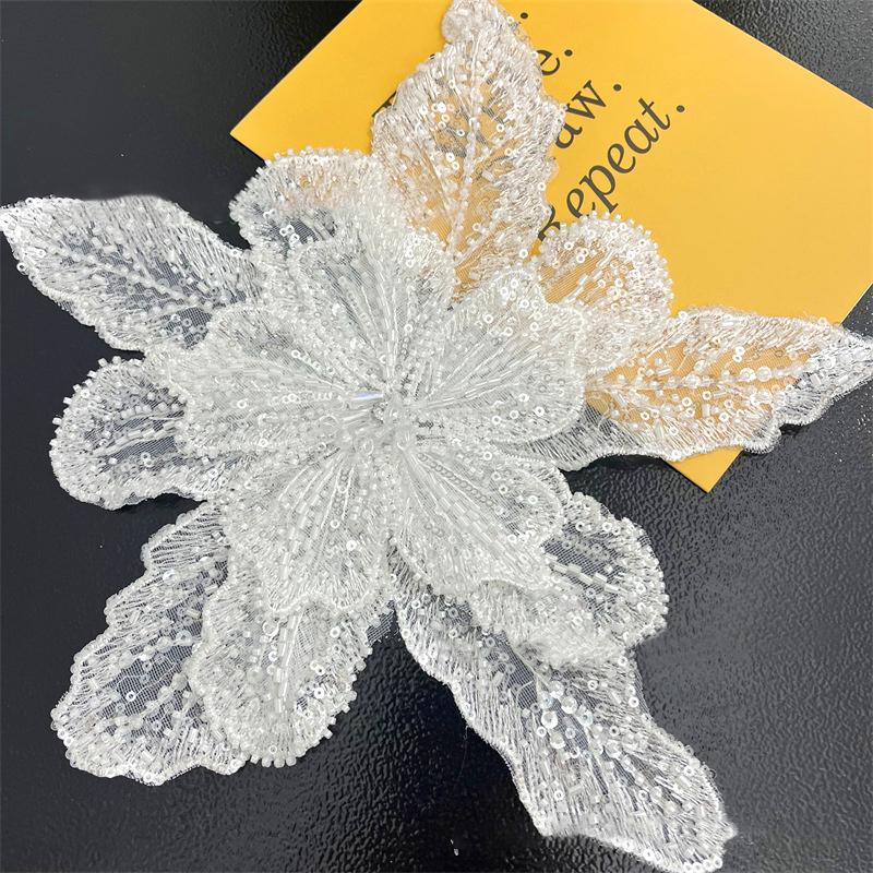 1PC DIY Sequin Beaded Clothing Accessories Patches Decorative Lace White Multi Layered High Quality