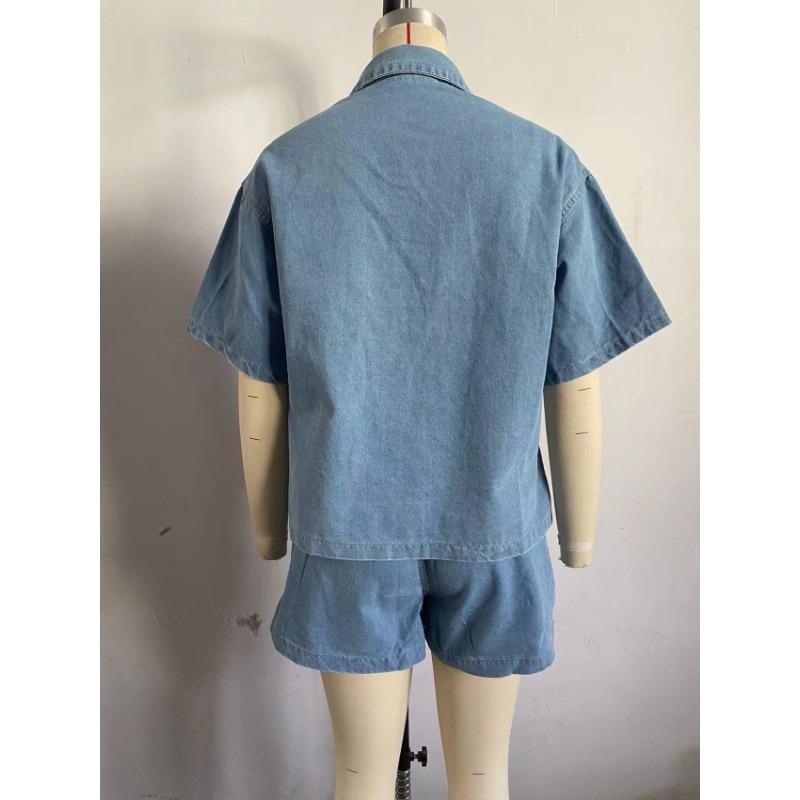 Женский джинсовый костюм-двойка Свободная повседневная рубашка с коротким рукавом + шорты на резинке