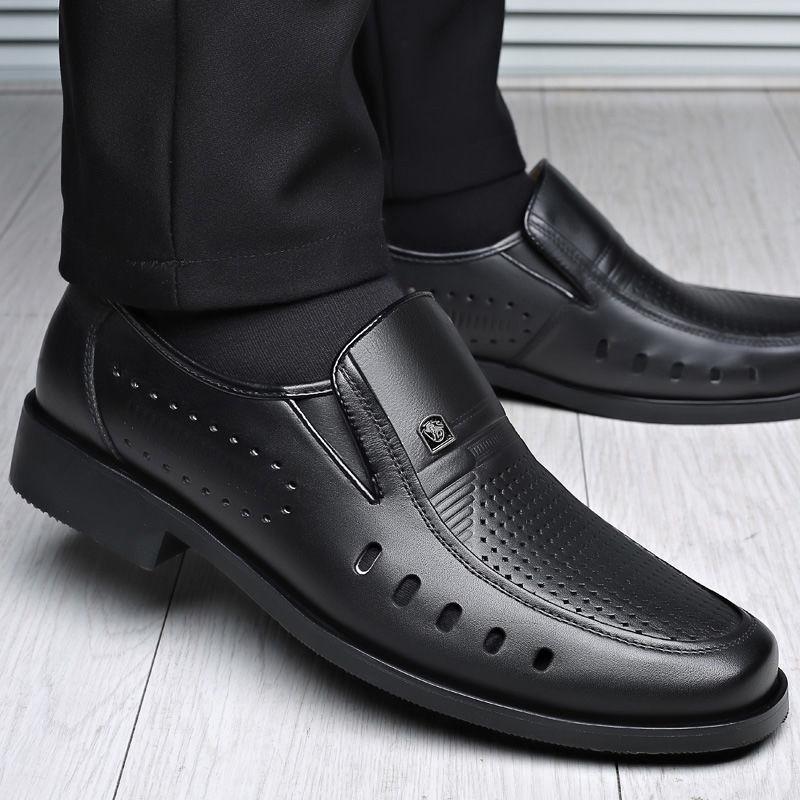 Мужские летние деловые кожаные сандалии: Дышащие, Мягкая подошва, Нескользящие, Полый дизайн, Идеально для папы среднего возраста.