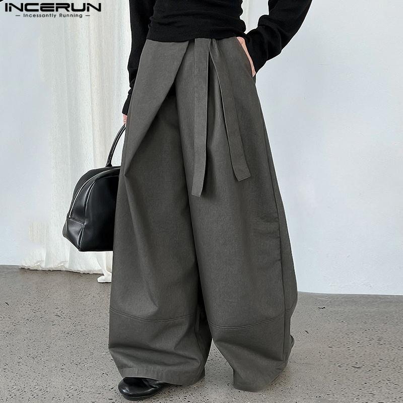 INCERUN Мужские повседневные брюки на шнуровке с запахом на талии, длинные брюки широкого кроя