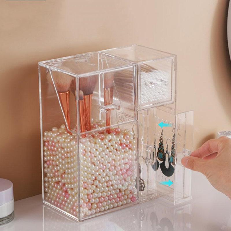 Clear Makeup Brush Organizer, Storage Rack with Drawers, Storage Box with Lid and Pearls for Storing Makeup Tools and Jewelry