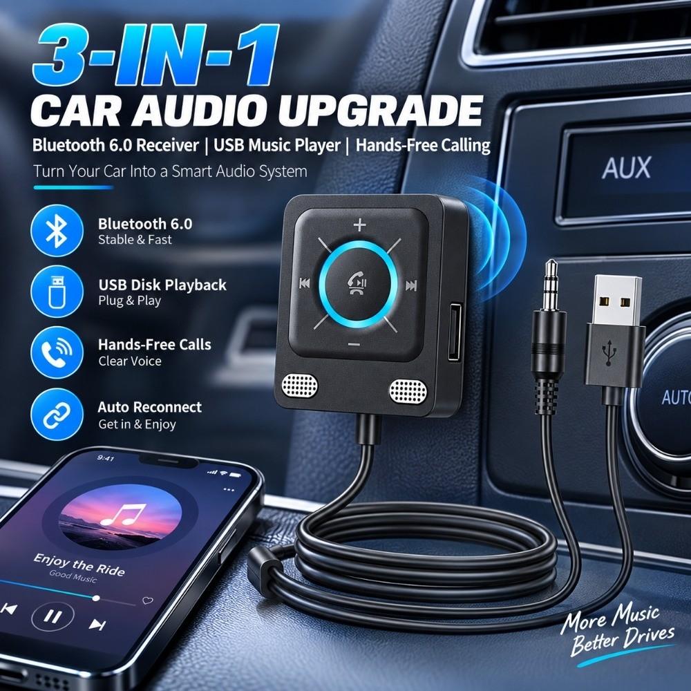 Автомобильный AUX-адаптер Bluetooth 6.0 для двух устройств, Hands-Free, USB-плеер, потоковое воспроизведение музыки