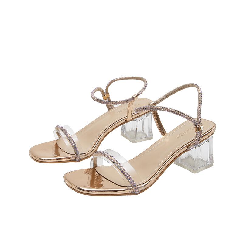 Сандалии на высоком каблуке. Женские летние новые модные туфли со стразами и поясом в одно слово. Женская обувь с квадратным носком на толстом каблуке и неглубоким носком.