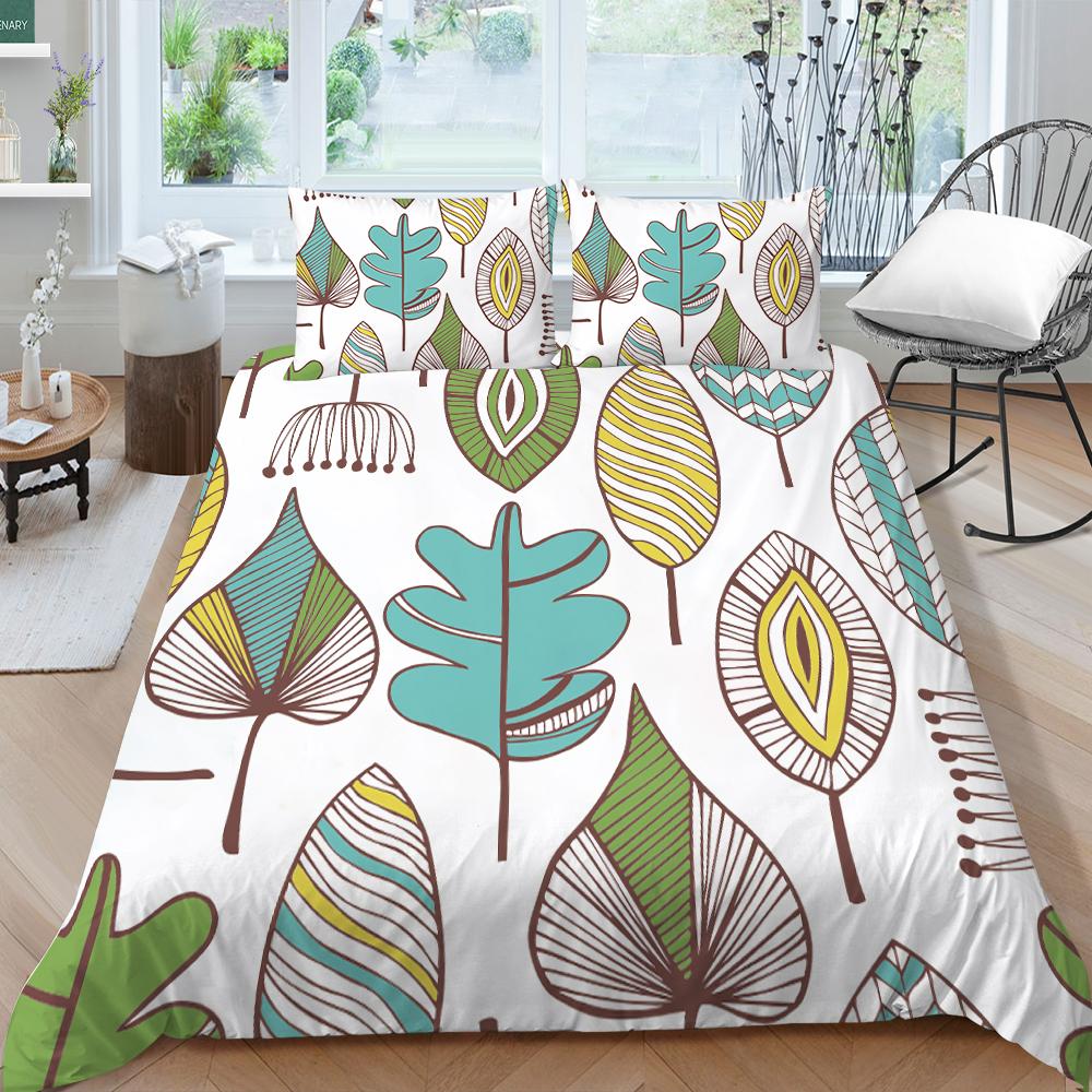 Family Bedding Single Double Bed Full Size Plant Printing Series Bedding Leaf Pattern Pillowcase and Quilt Cover Washable Home Decoration