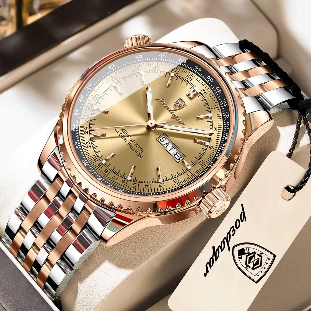 POEDAGAR Fashion Watches For Man Stainless Steel Date Week Quartz Men Clock Waterproof Luminous Luxury Military Men's Wristwatch