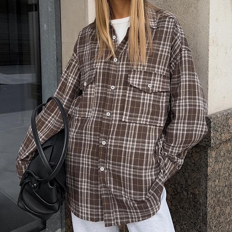 American classic plaid polyester cotton lapel loose casual shirt 1116 European and American autumn fashion new women's cardigan