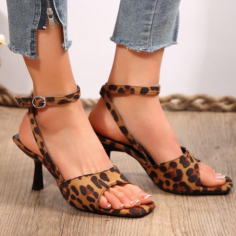 Модные ретро туфли-лодочки с леопардовым принтом и квадратным носком для женщин, летние, с регулируемым ремешком на пряжке, женские туфли-лодочки на каблуке, нескользящие, больших размеров, женские туфли на высоком каблуке