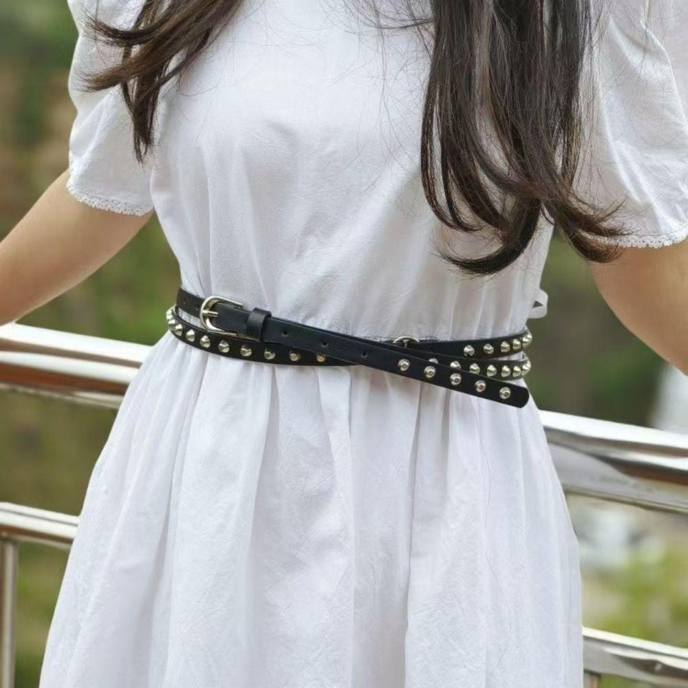 Thin Women's Rivet Belt Extra Long Dress Jeans Belt Vintage Leather Waist Belt Spicy Girls