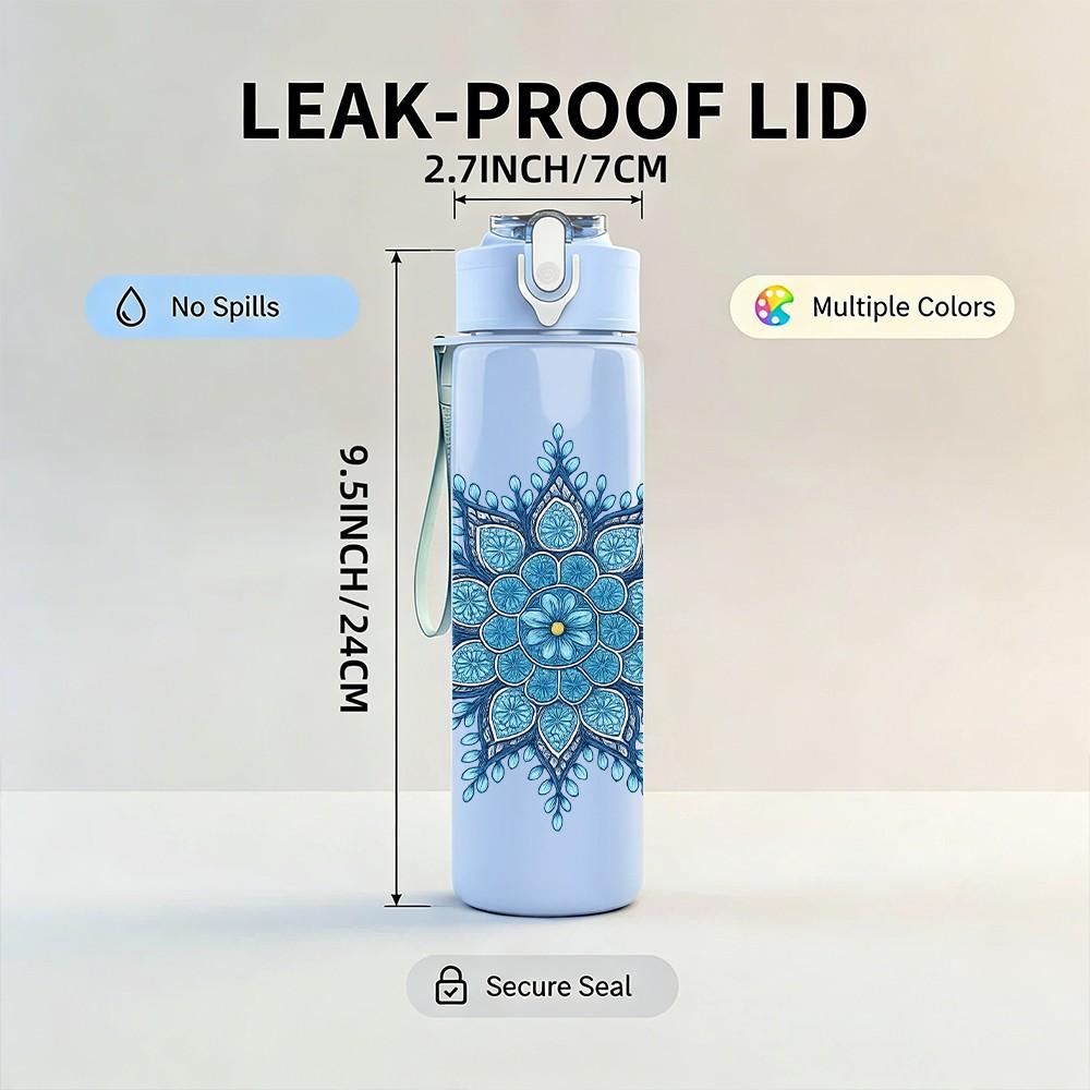 1PC Blue Snowflake Mandala Design 750ml Color Plastic Sports Water Bottle Leakproof Flip Straw Lid Suitable for Sports Office Home Use