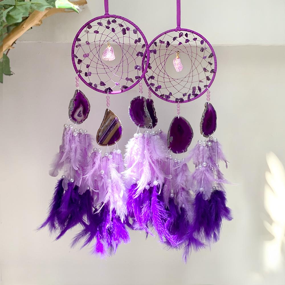 Dreamcatcher Natural Amethyst Dreamcatcher with Agate Slice Feather Handmade Wall Hanging Decor Hanging Wind Chime Gift