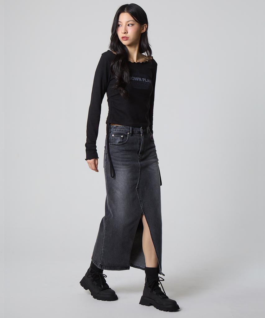 Unknown Planet Denim Long Skirt Sand Black