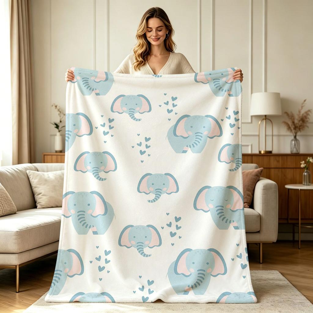 Soft Cozy Flannel Throw Blanket with Cute Pastel Elephant And Heart All Over Print All Season Warm Lightweight Blanket for Sofa Couch Bed Living Room