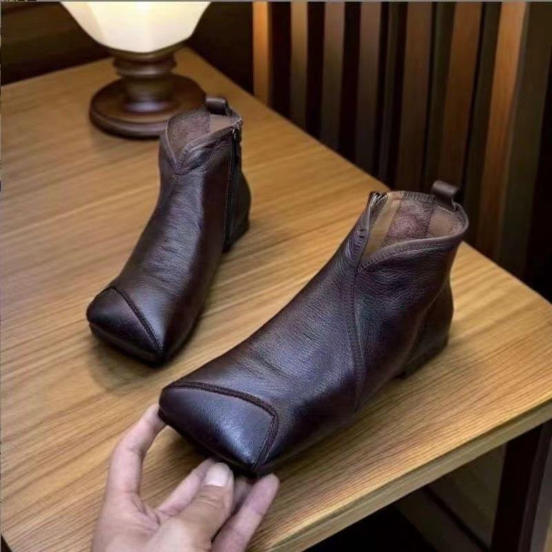 Модные зимние новые плоские ботинки женские квадратные с боковой молнией мягкая подошва нескользящие износостойкие удобные короткие ботинки