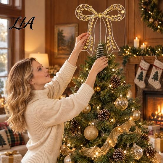 Gold Holiday Tree Ornament Iron Bow Christmas Topper, Rhinestone Hollow-Cut Metal Sturdy Topper with Spiral Base, Elegant Decoration Unique Accents