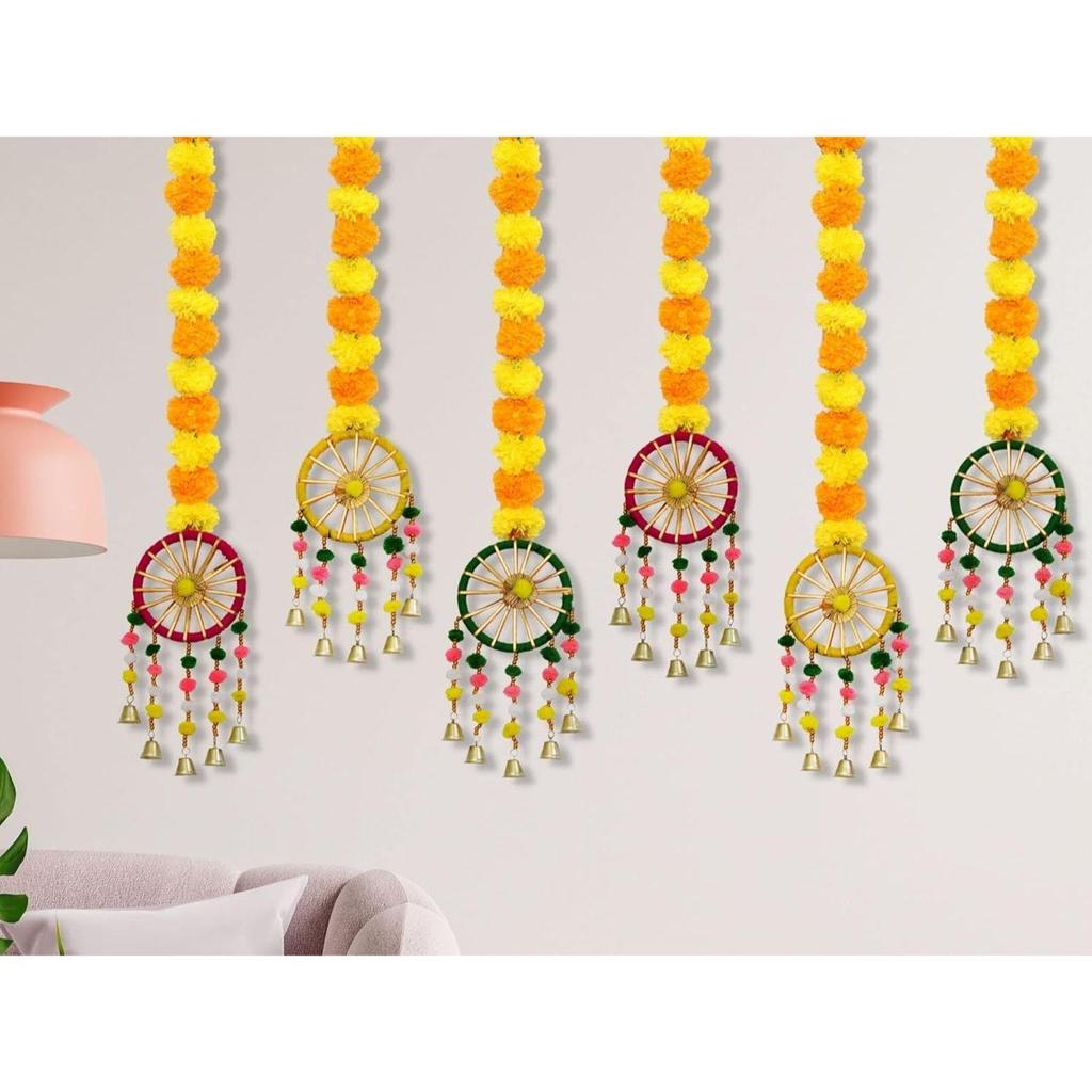 Handmade Marigold Fluffy Flowers with Ring Bell Hanging Latkan Toran For Home, Festival, Wedding, Temple Pooja Room Decoration (Pack of 6)