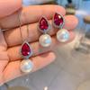 Set White Pearl Red Corundum Pear Necklace Earrings White Pearl High Fashion Women'S