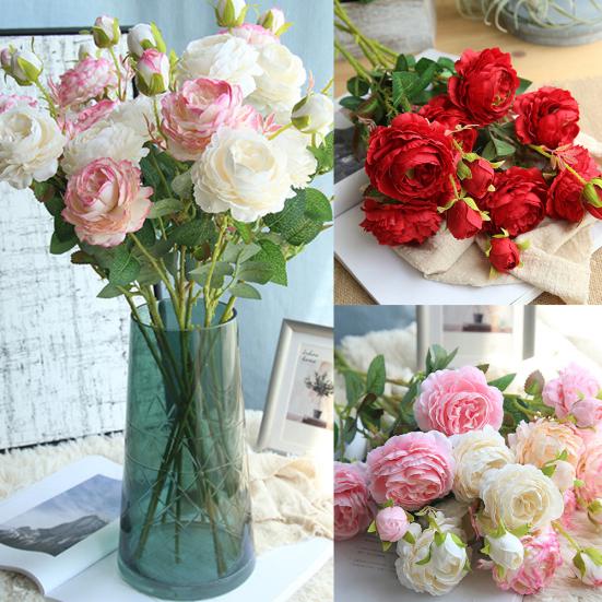 1Pc 3 Heads Artificial Fake Peony Flower Wedding Party Home Office Decoration