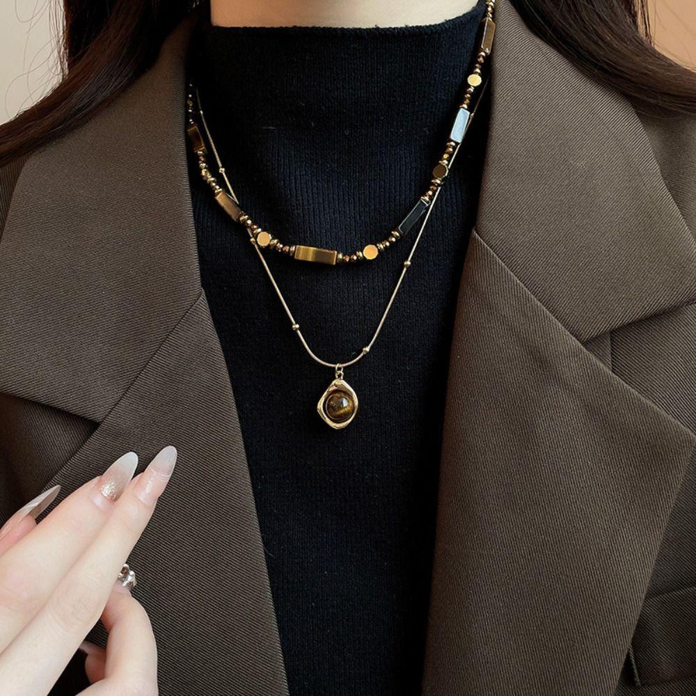 Light Luxury Collarbone Chain Senior Sense Sweater Chain Tiger's Eye Stone Beaded Necklace Winter
