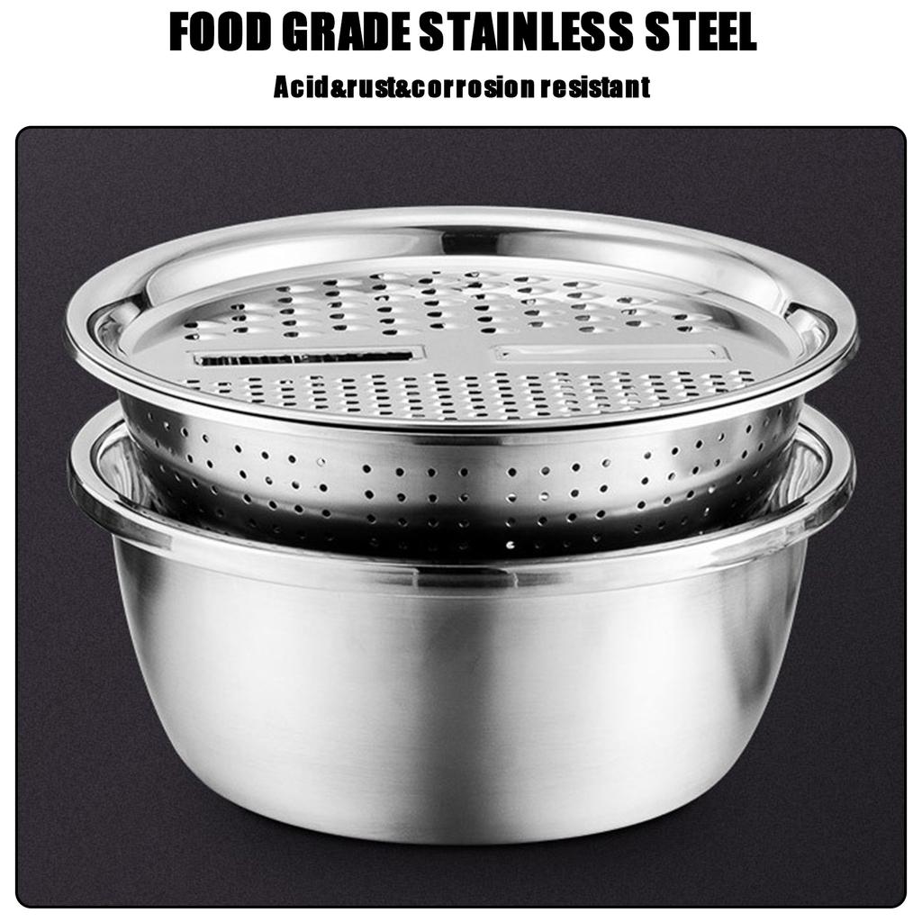 3 in 1 Kitchen Basin Grater, Colander Cutter with Strainers 10.2 Inch Stainless Steel Mandoline Rice Washing Pasta Mixing Dough Knding Bowls