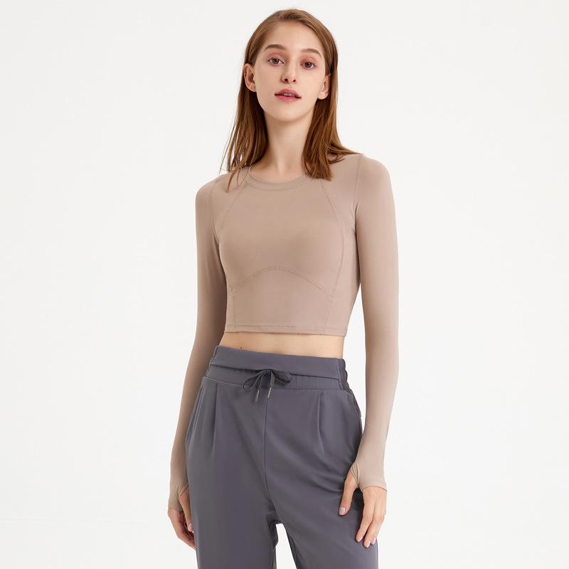 Осенний женский укороченный топ для йоги из какао-сетки с длинными рукавами