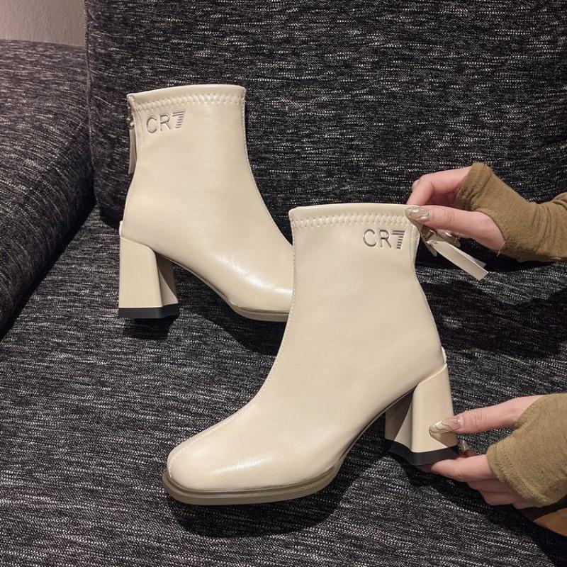 2024 Осень и Зима Новые Ботинки в Британском Стиле с Квадратным Носком Модные на Толстом Каблуке с Женской Задней Молнией