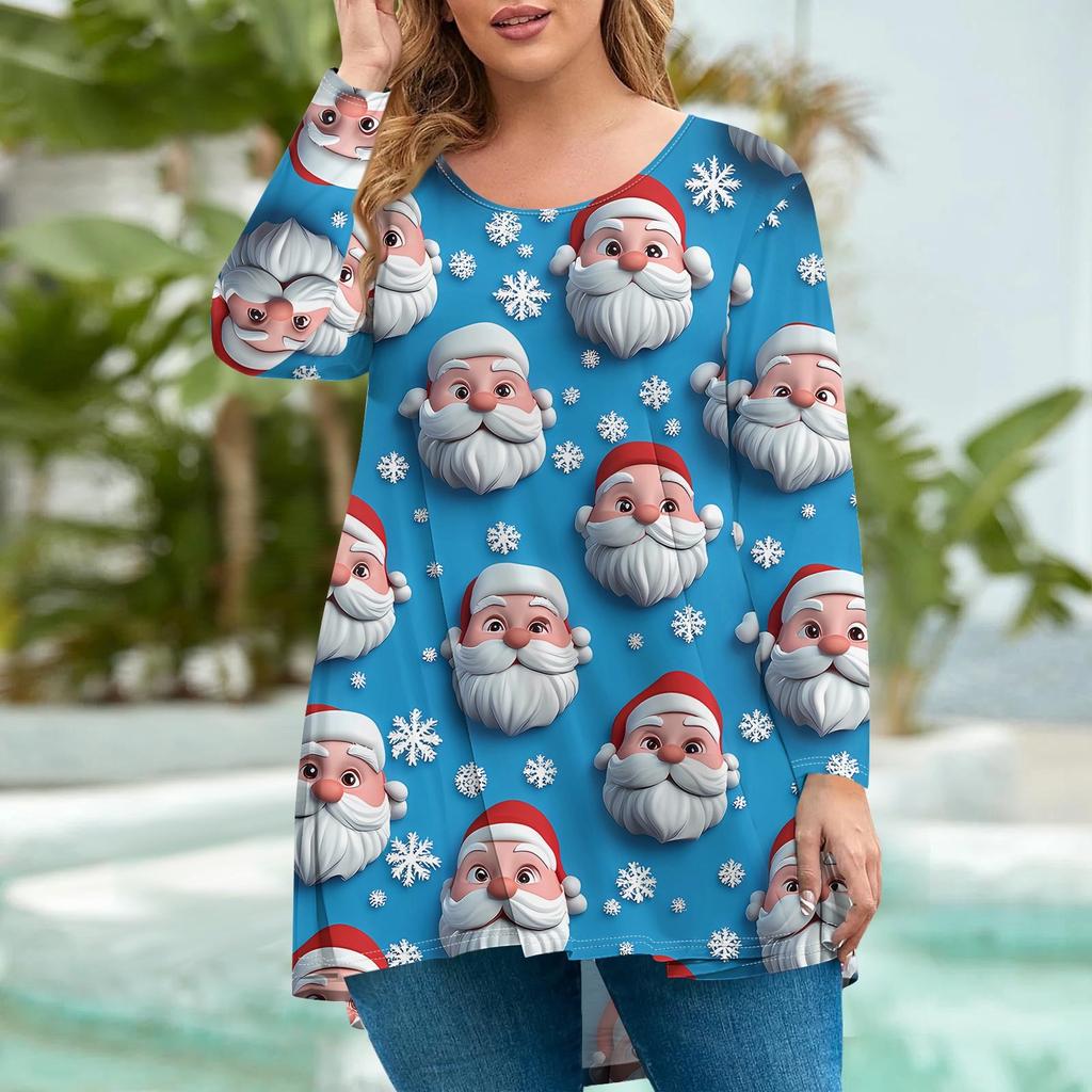 Женская мода большого размера с круглым вырезом и длинным рукавом, повседневный свободный пуловер с рождественским принтом