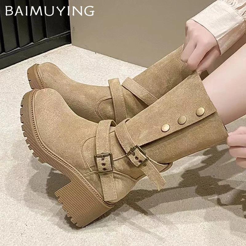 Замшевые толстые женские высокие сапоги дизайнерские туфли на среднем каблуке с пряжкой 2025 года, зимние туфли-лодочки в готическом стиле средней длины для мотоциклистов Botas De Mujer