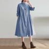 Spring Literature Loose Cotton Linen Plaid Lapel Long Sleeved Mid Length Shirt Dress for Women