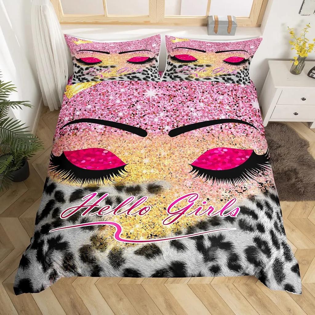 Женский пододеяльник Король Королева Ресницы Блестящий Галактический Постельный Комплект Розовые Пайетки Жидкое Искусство Чернилами Покрывало Полиэстер Чехол для Одеяла