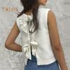 Women Knitted Vest Round Neck Sleeveless Crop Tank Back Bow Tie Decor Hollow Back Solid Color Sweater Vest