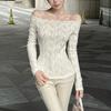Aura Lace Элегантные пуловеры с вырезом-лодочкой Осень Зима Однотонная женская одежда Облегающие с длинным рукавом Hotsweet Ажурные футболки